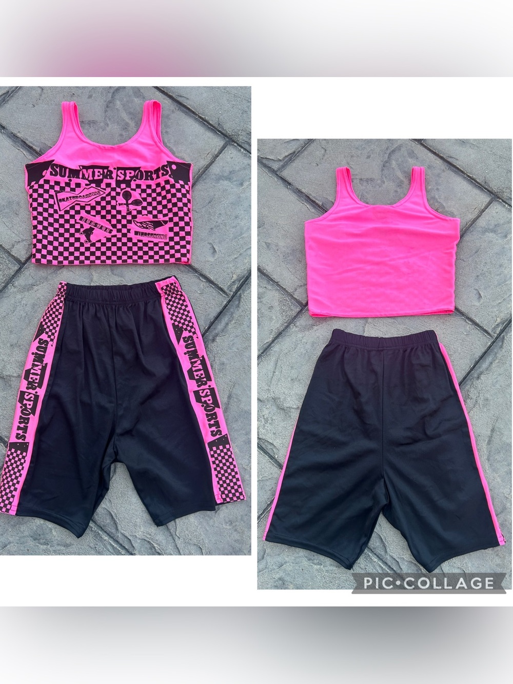 Vintage 80s 90s Neon Pink Black Summer Sports Cropped Tank & Shorts Set 5 6